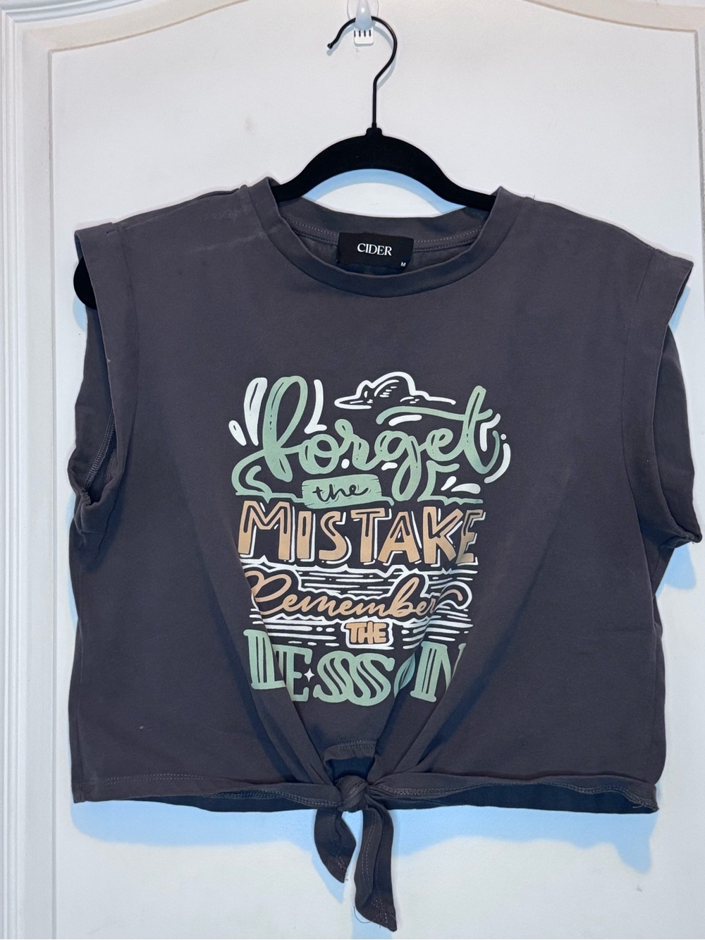 Cider Forget the Mistake Remember the Lesson Graphic Tie Crop Top Grey